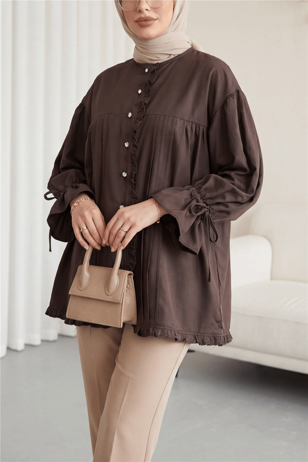 Fırfır Detaylı Kolu Bağcıklı Taş Düğmeli Cupra Tunik -Koyu Kahverengi-Tunik-307-0093-R54
