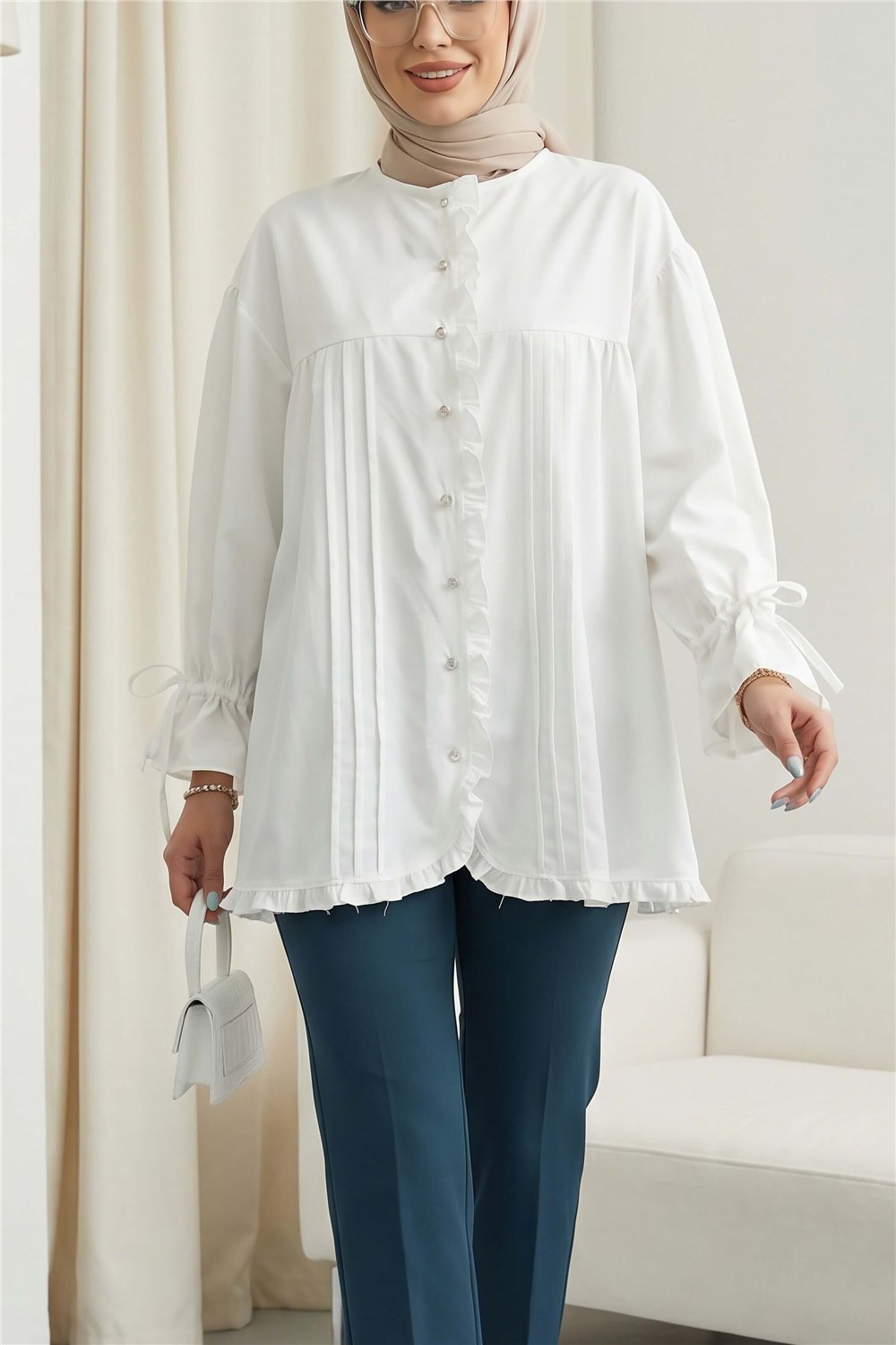 Fırfır Detaylı Kolu Bağcıklı Taş Düğmeli Cupra Tunik -Ekru-Tunik-307-0093-R07