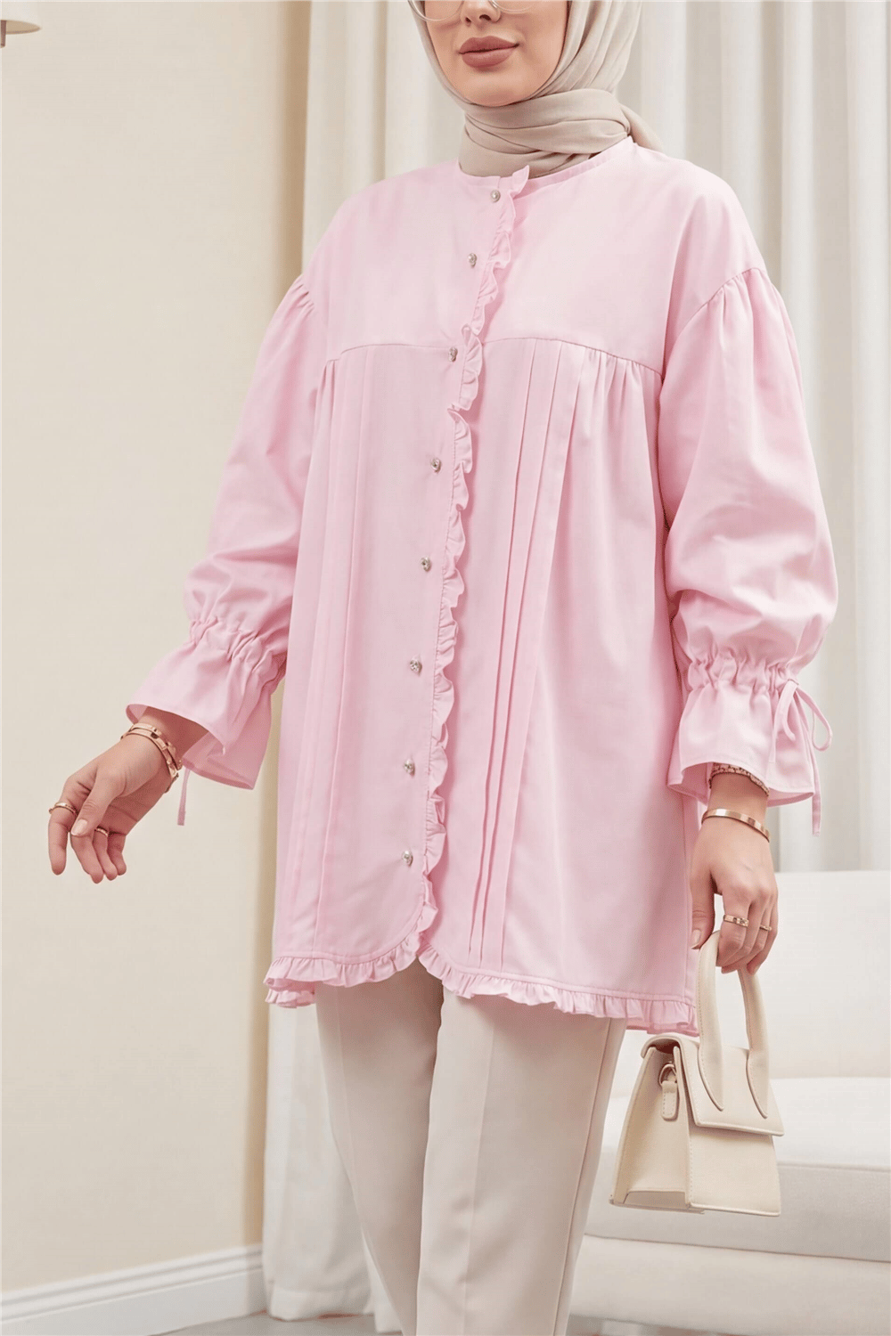 Fırfır Detaylı Kolu Bağcıklı Taş Düğmeli Cupra Tunik -Pembe-Tunik-307-0093-R20