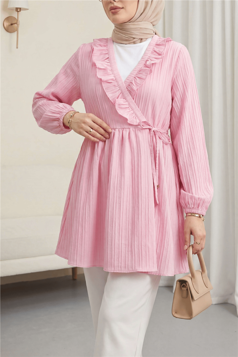 Fırfırlı Önü Bağcıklı Kolu Lastikli Kimono  -Pudra-Gömlek-398-1031-R06