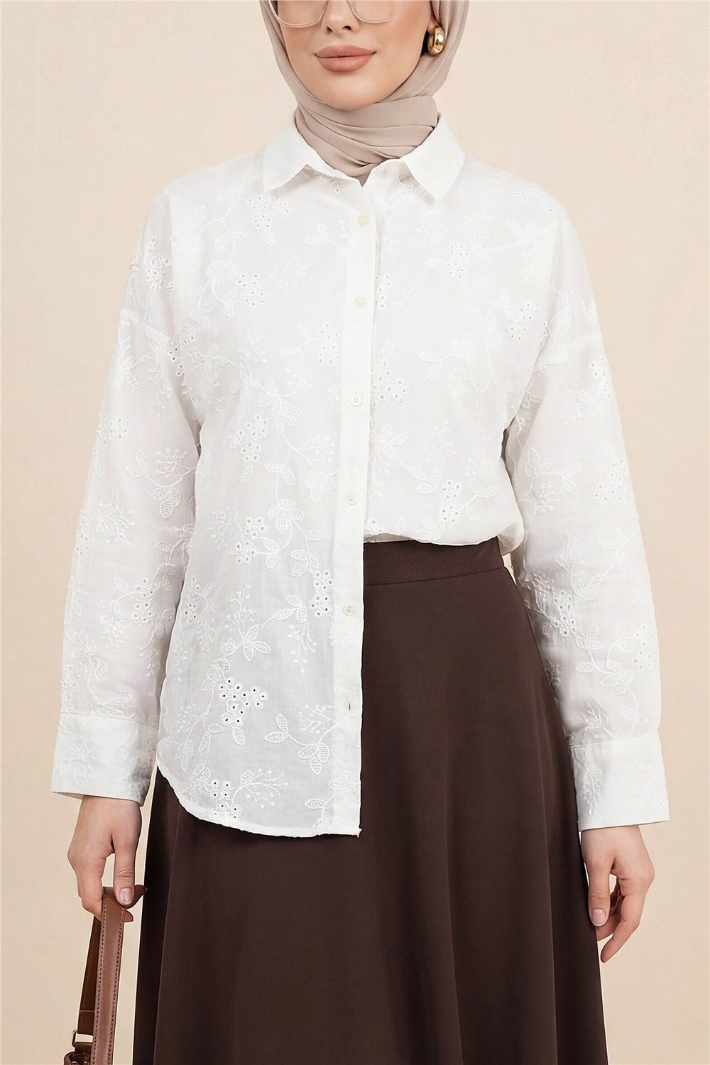 Fistolu Oval Kesim Düğmeli Vual Gömlek -Beyaz-Gömlek-364-5206-R02
