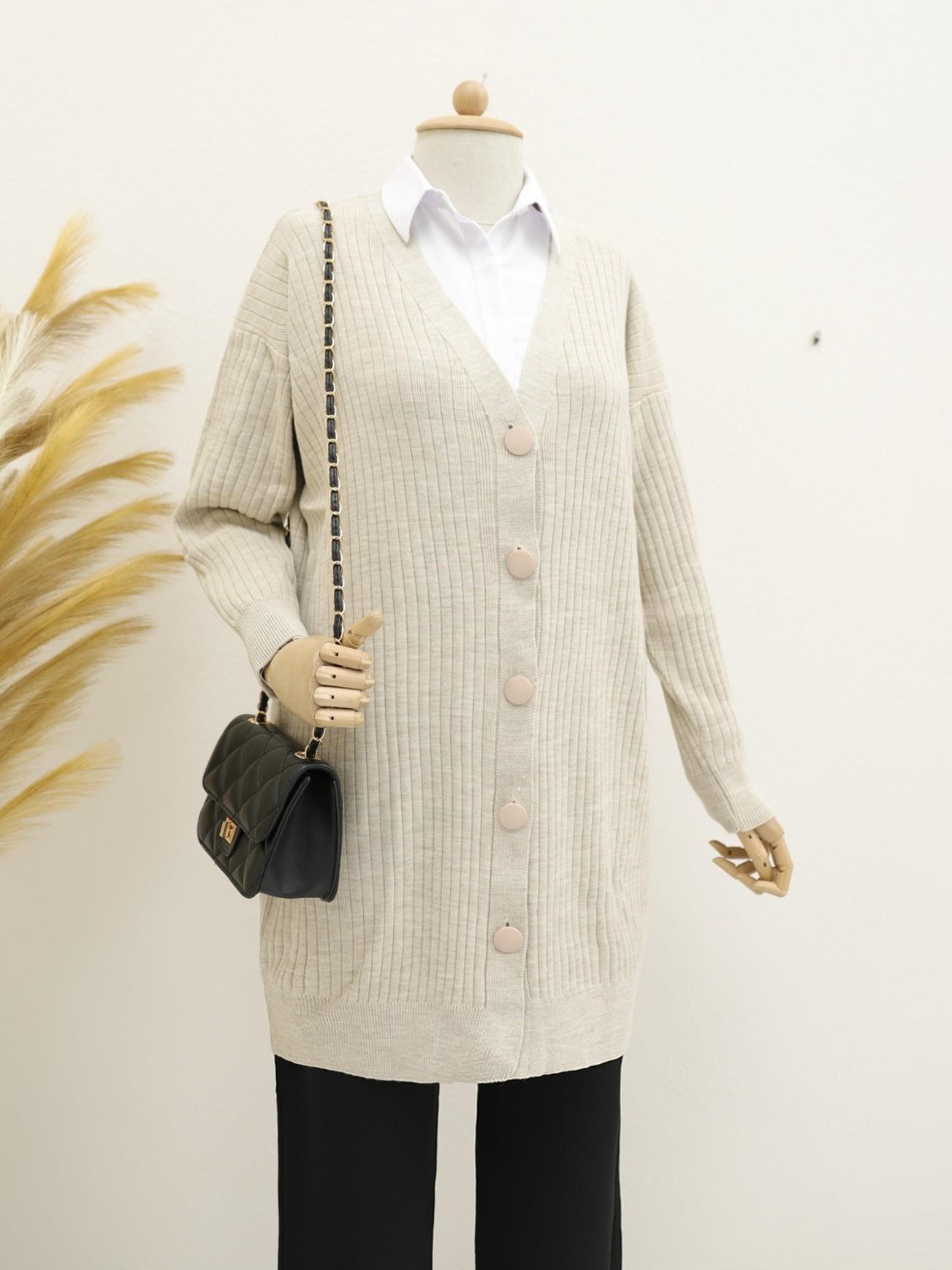 Fitilli Düğmeli Uzun Triko Hırka -Taş