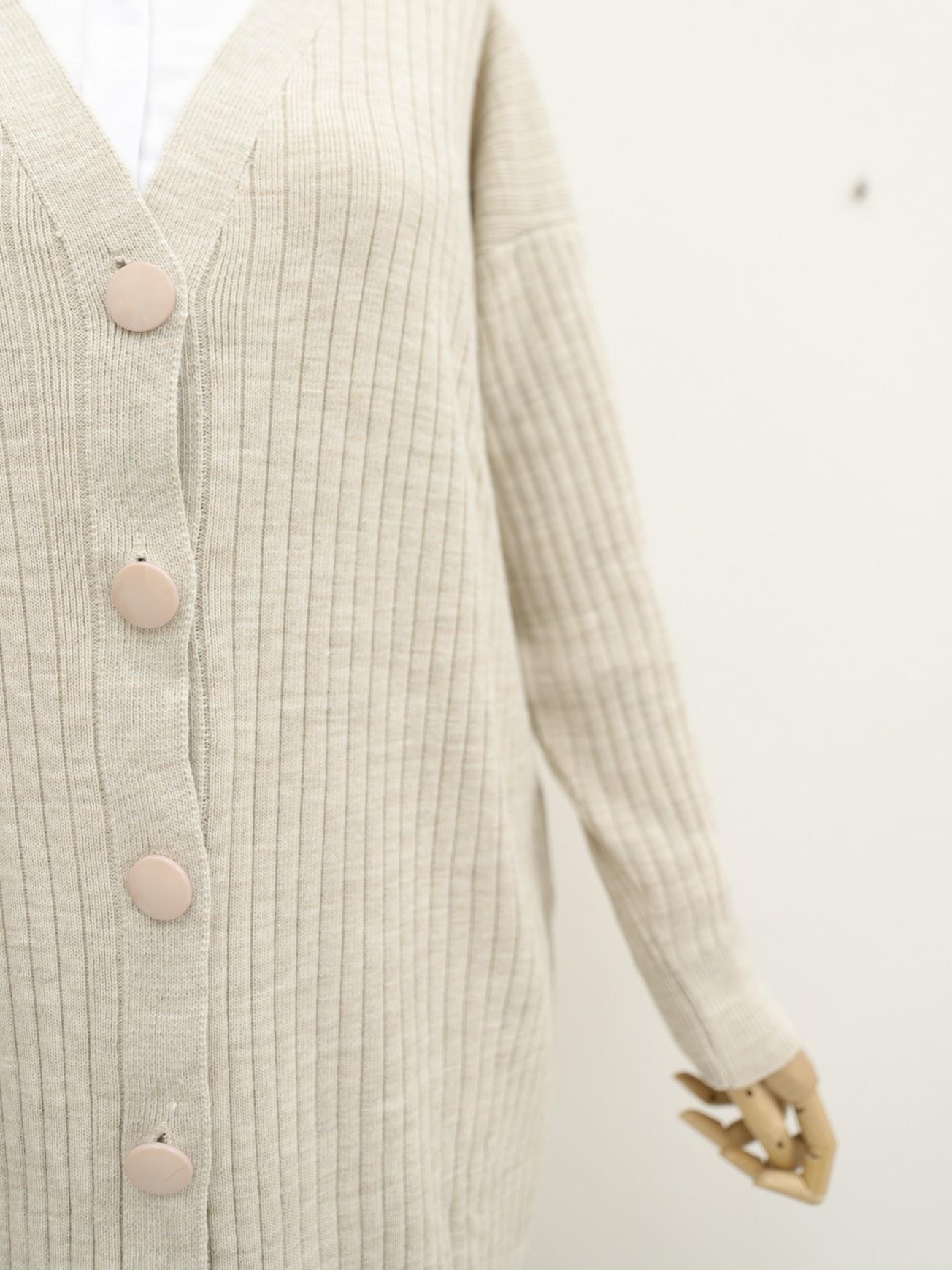 Fitilli Düğmeli Uzun Triko Hırka -Taş