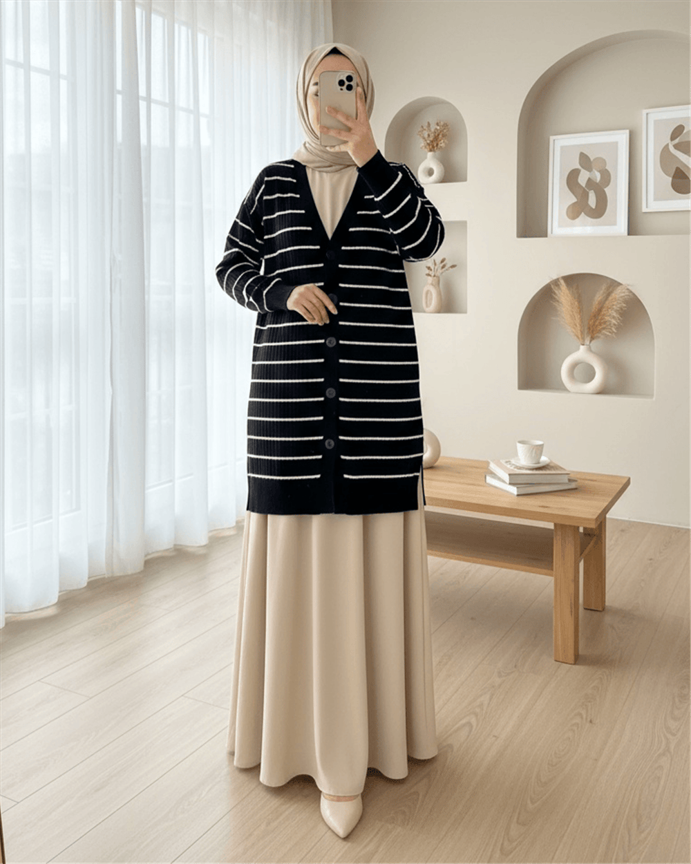 Fitilli Düğmeli Uzun Triko Hırka -Siyah-Triko Hırka-357-6137-R01