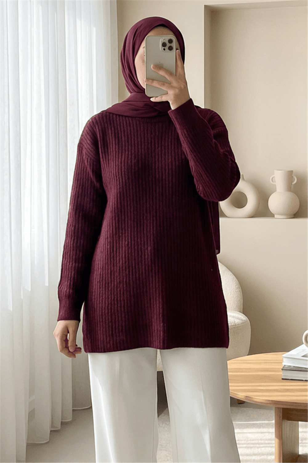 Fitilli Uzun Triko Kazak -Bordo-Kazak-295-1320-R04