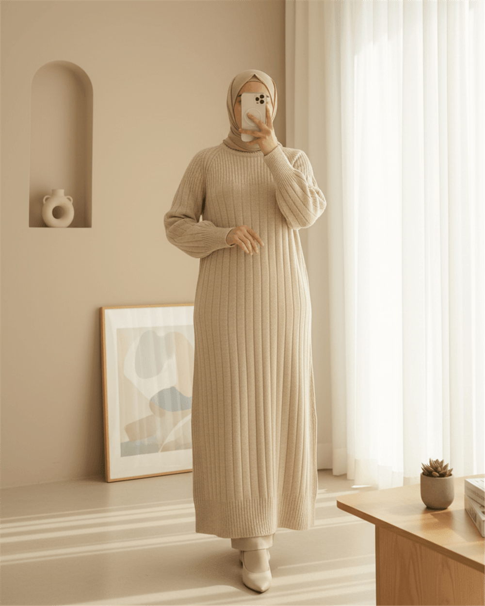 Fitilli Yırtmaçlı Uzun Triko Elbise  -Bej-Elbise-295-2409-R56