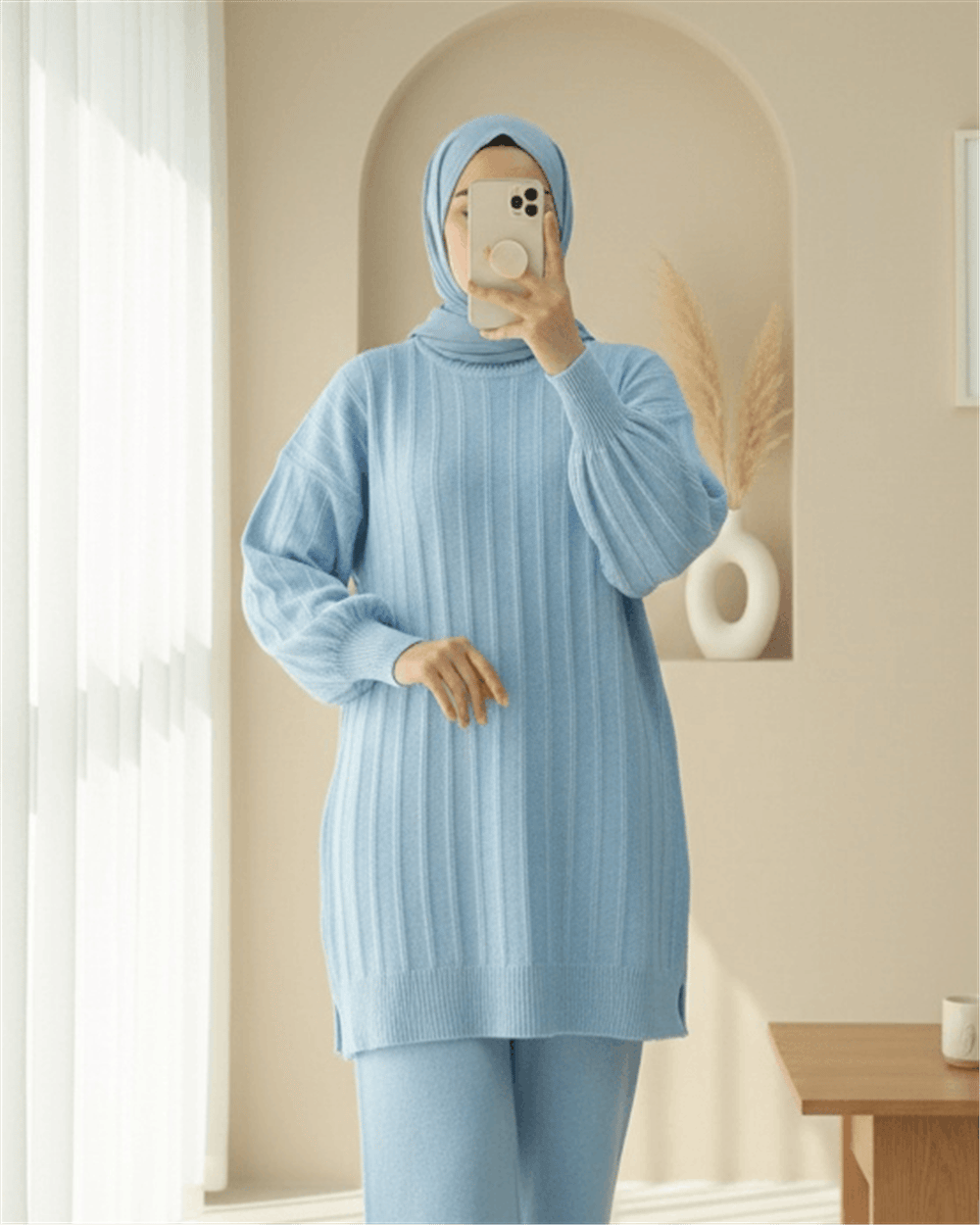 Fitilli Yırtmaçlı Yumoş Triko Tunik -Açık Mavi-Kazak-295-6026-R25