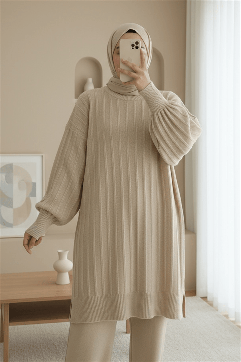 Fitilli Yırtmaçlı Yumoş Triko Tunik -Açık Vizon-Kazak-295-6026-R51