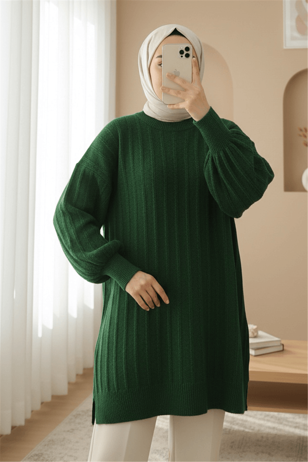 Fitilli Yırtmaçlı Yumoş Triko Tunik -Koyu Yeşil-Kazak-295-6026-R79