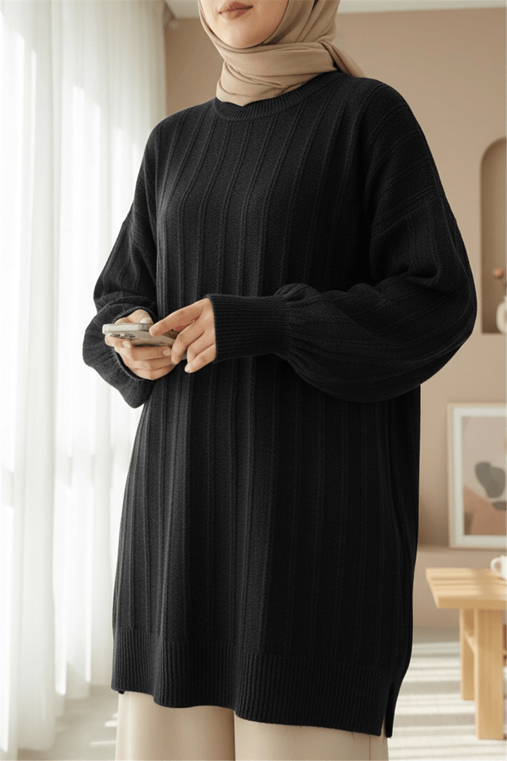 Fitilli Yırtmaçlı Yumoş Triko Tunik -Siyah-Kazak-295-6026-R01