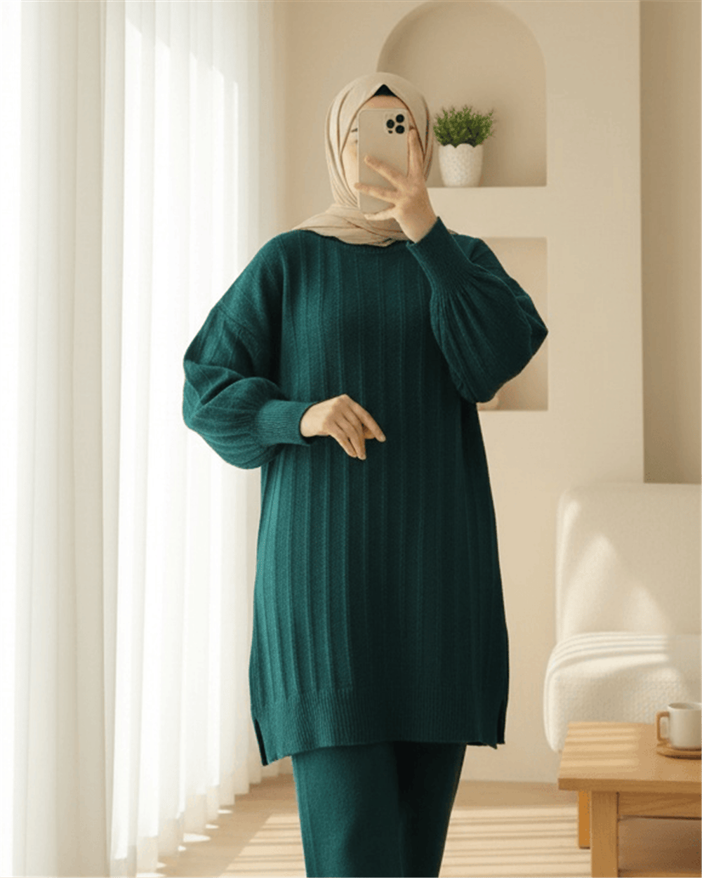 Fitilli Yırtmaçlı Yumoş Triko Tunik -Zümrüt-Kazak-295-6026-R17