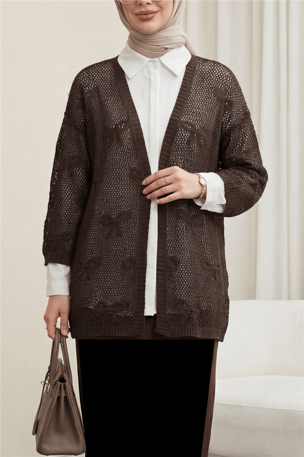 Fiyonk Desenli Ajurlu Triko Hırka -K. Kahve-Hırka-109-0907-R54
