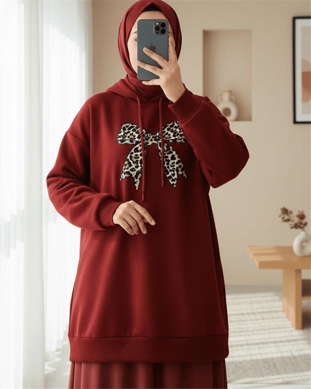 Fiyonk Detaylı Kapşonlu Penye Sweat -Bordo-Sweatshirt-349-5286-R04