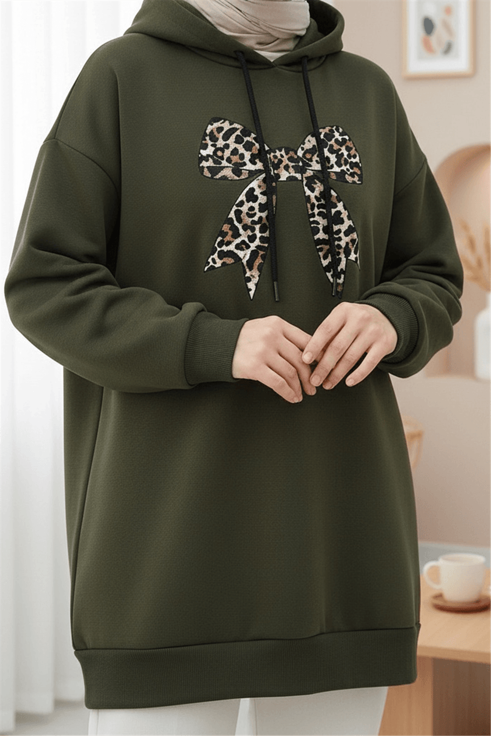 Fiyonk Detaylı Kapşonlu Penye Sweat -Haki-Sweatshirt-349-5286-R05