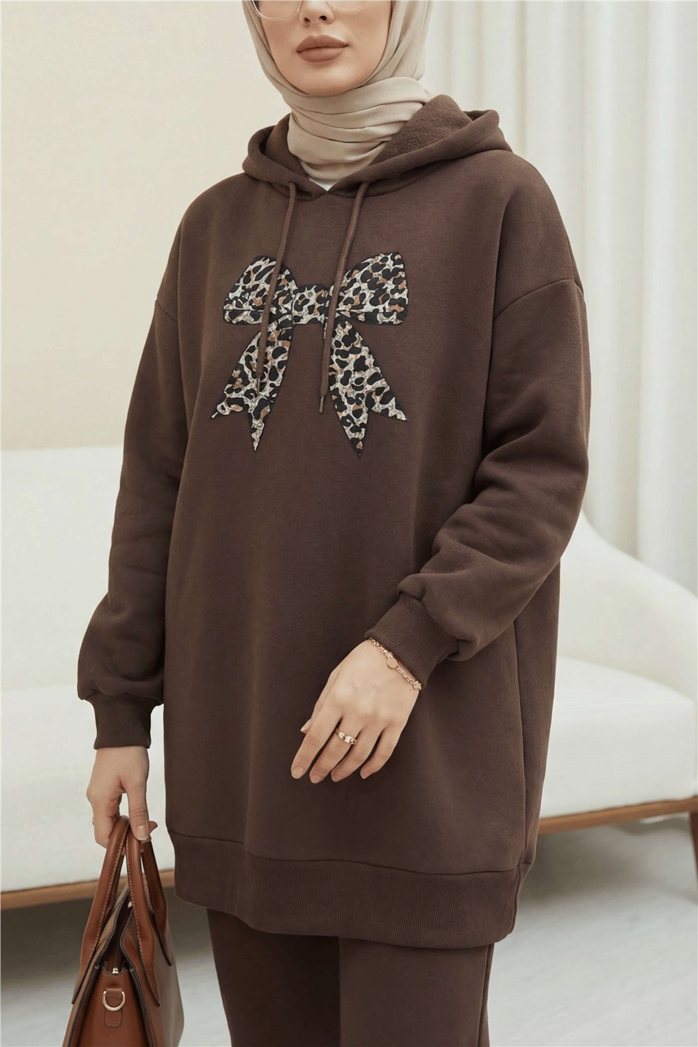 Fiyonk Detaylı Kapşonlu Penye Sweat  -Kahve-Sweatshirt-349-5286-R15