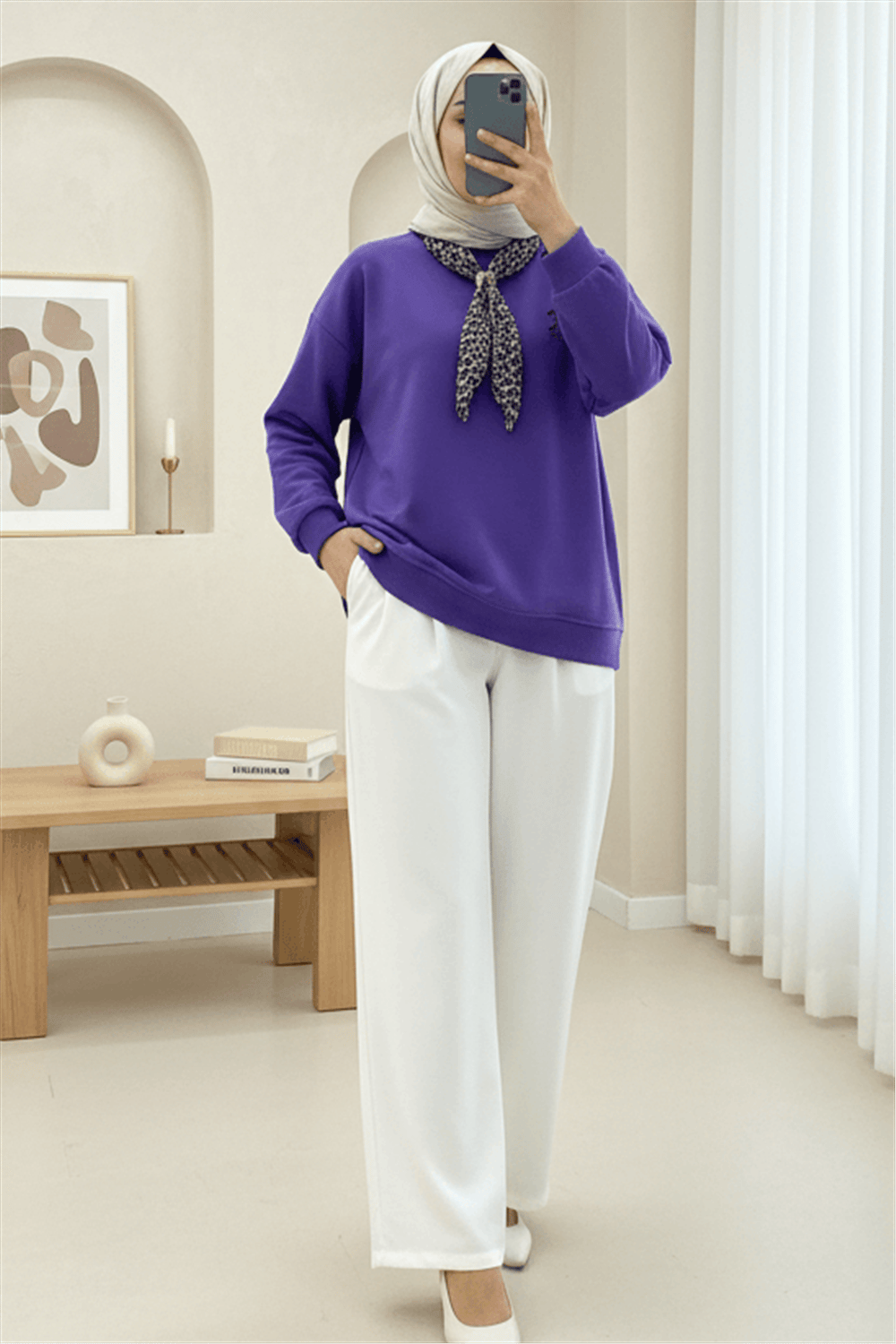Fularlı Leopar Armalı 3 İplik Sweat  -Mor-Sweatshirt-349-5288-R34