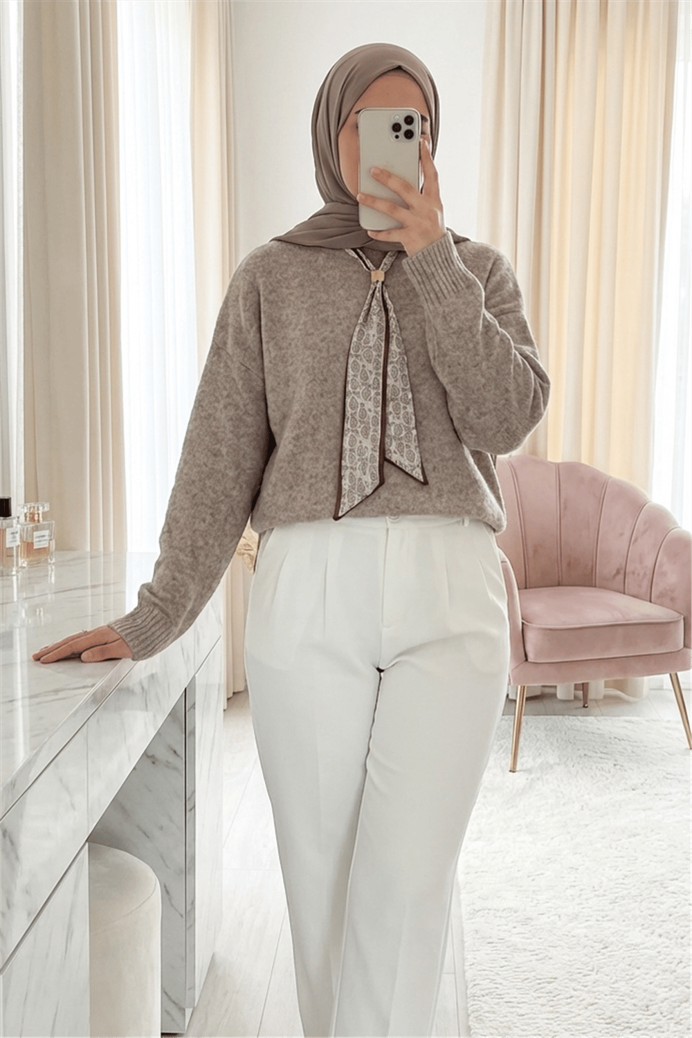 Fularlı Yumoş Triko Kazak    -Açık Vizon-Kazak-109-0944-R51