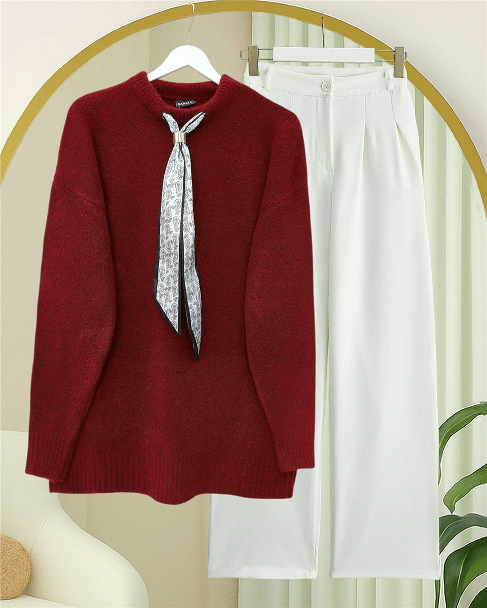Fularlı Yumoş Triko Kazak  -Bordo-Kazak-109-0944-R04
