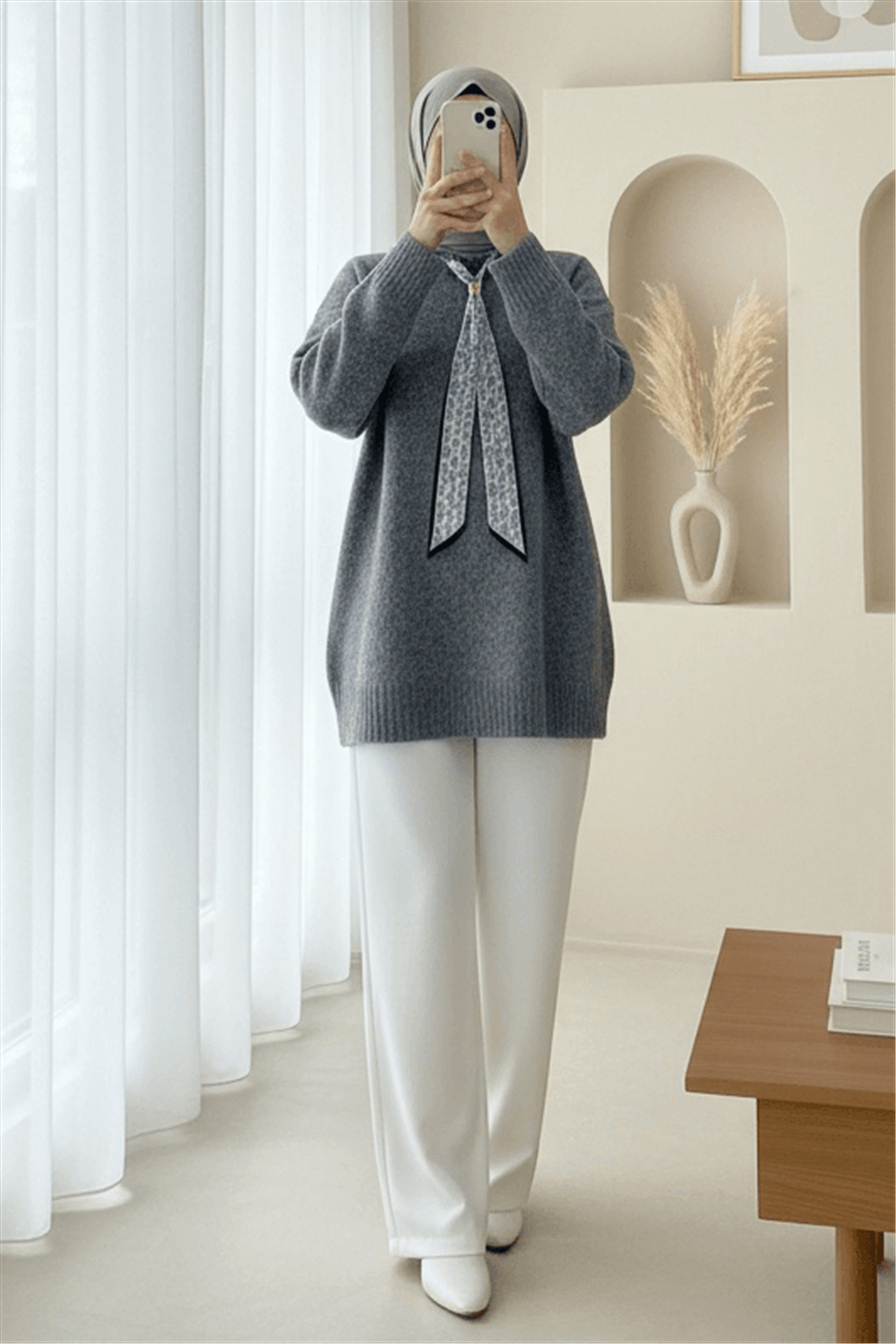 Fularlı Yumoş Triko Kazak -Gri-Kazak-109-0944-R11