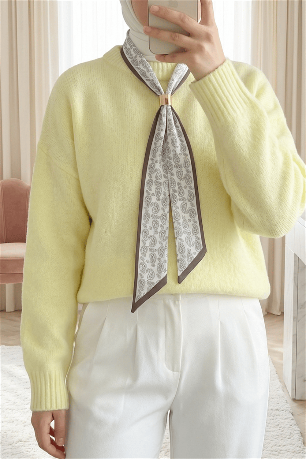 Fularlı Yumoş Triko Kazak   -Sarı-Kazak-109-0944-R22