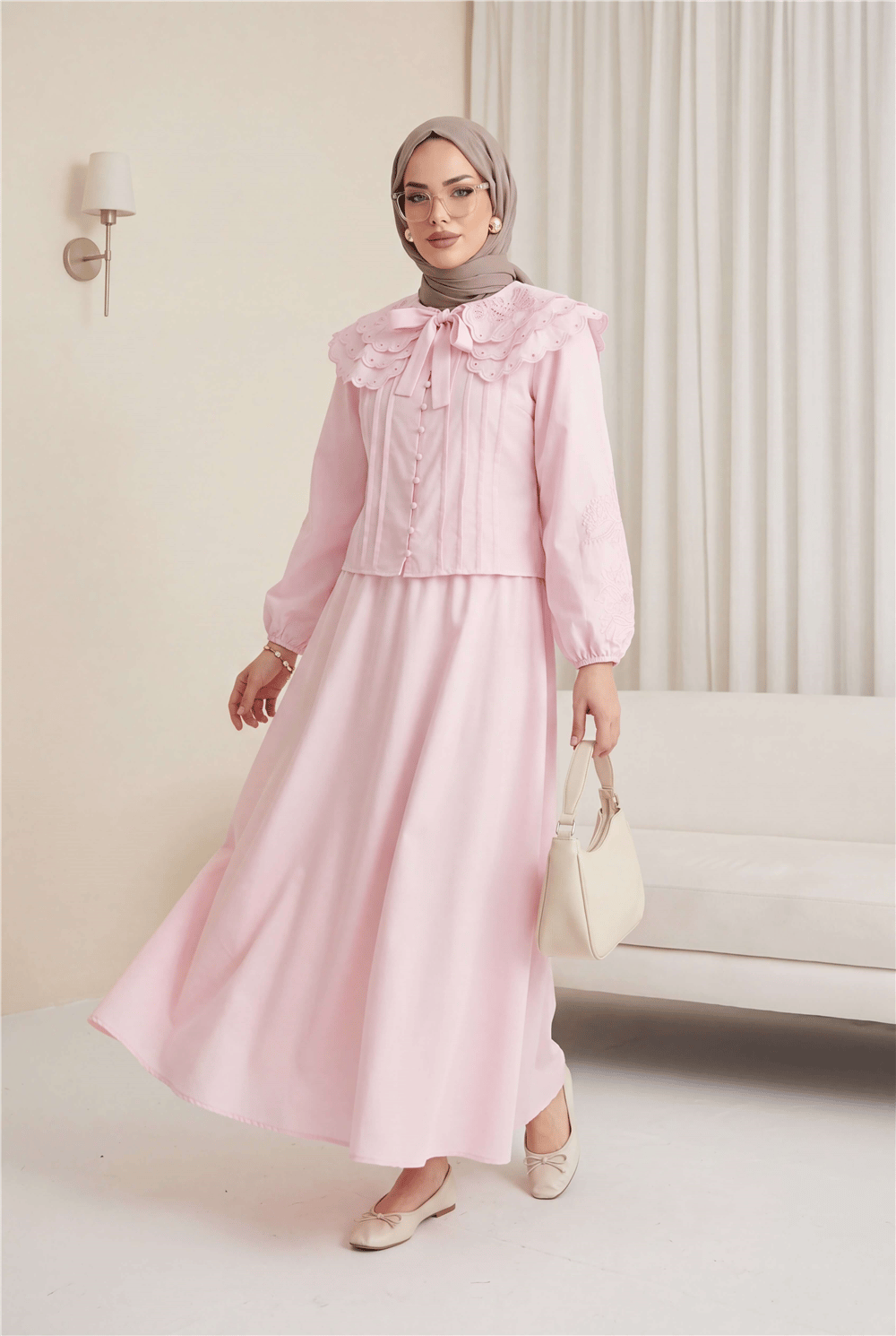 Geniş Yakalı Bağlamalı Kolu Lastikli Eteği Astarlı Poplin Takım  -Pembe-Takım-445-8350-R20