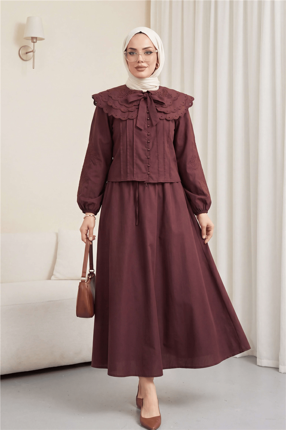 Geniş Yakalı Bağlamalı Kolu Lastikli Eteği Astarlı Poplin Takım  -Bordo-Takım-445-8350-R04