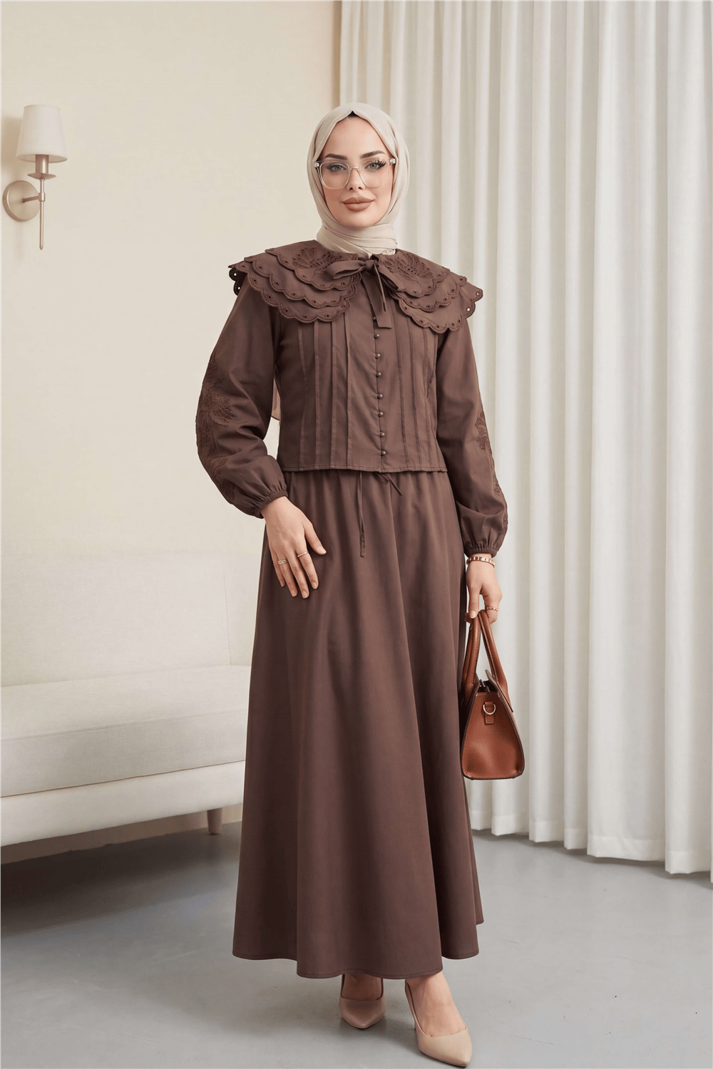 Geniş Yakalı Bağlamalı Kolu Lastikli Eteği Astarlı Poplin Takım  -Kahve-Takım-445-8350-R15