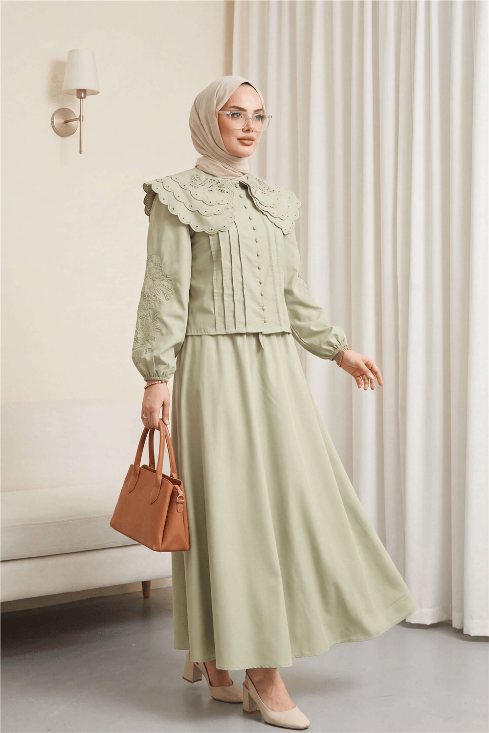 Geniş Yakalı Bağlamalı Kolu Lastikli Eteği Astarlı Poplin Takım  -Çağla Y.-Takım-445-8350-R70
