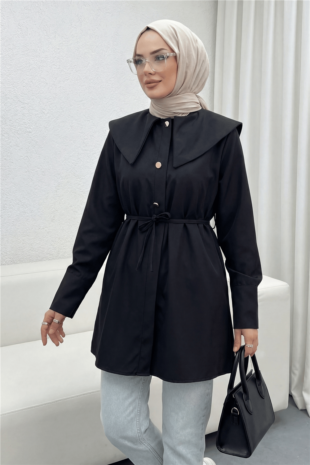 Geniş Yakalı Beli Bağlamalı Bonding Kap -Siyah-Gömlek-120-1627-R01