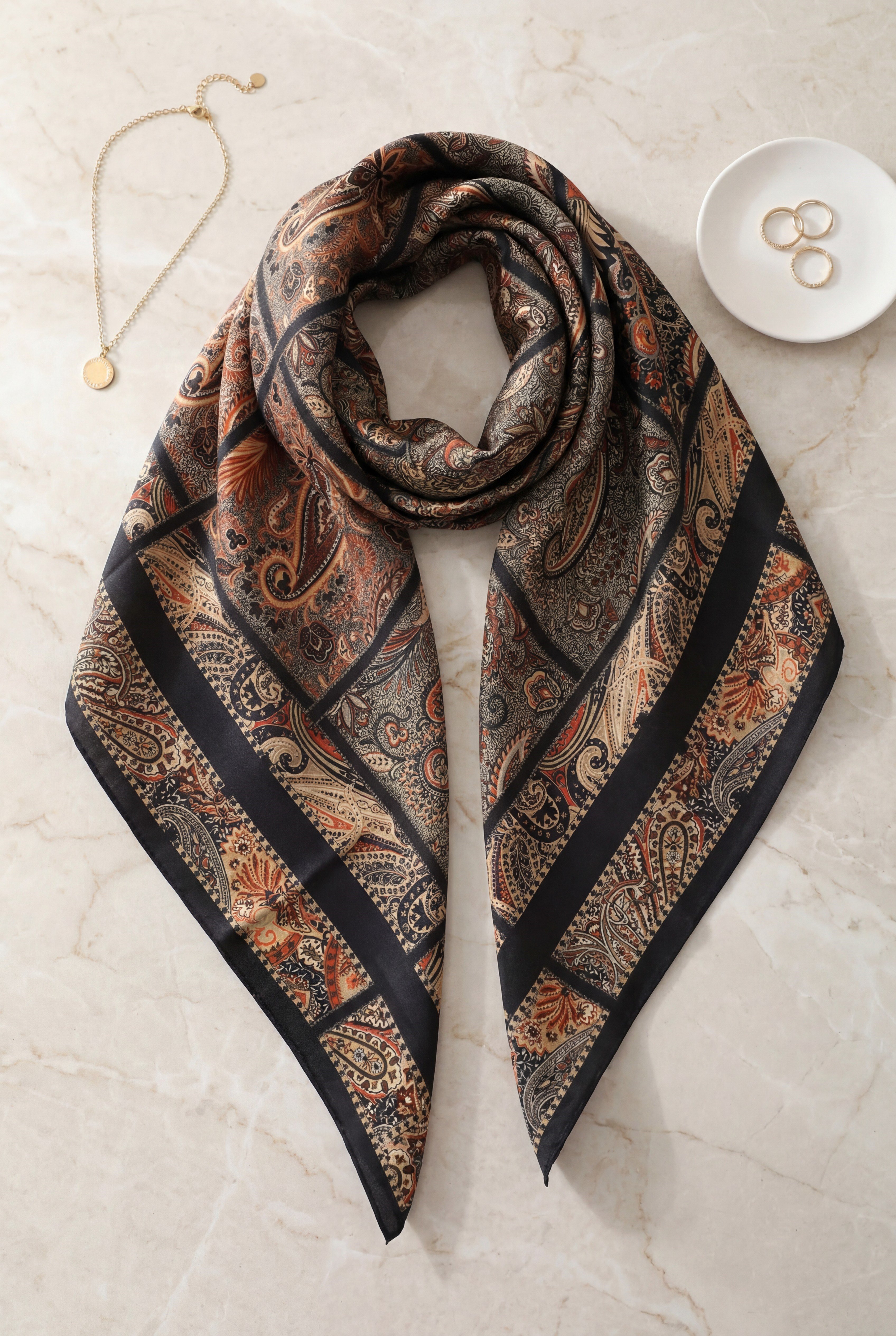 Geometrik Çerçeveli Rayon Eşarp -Siyah