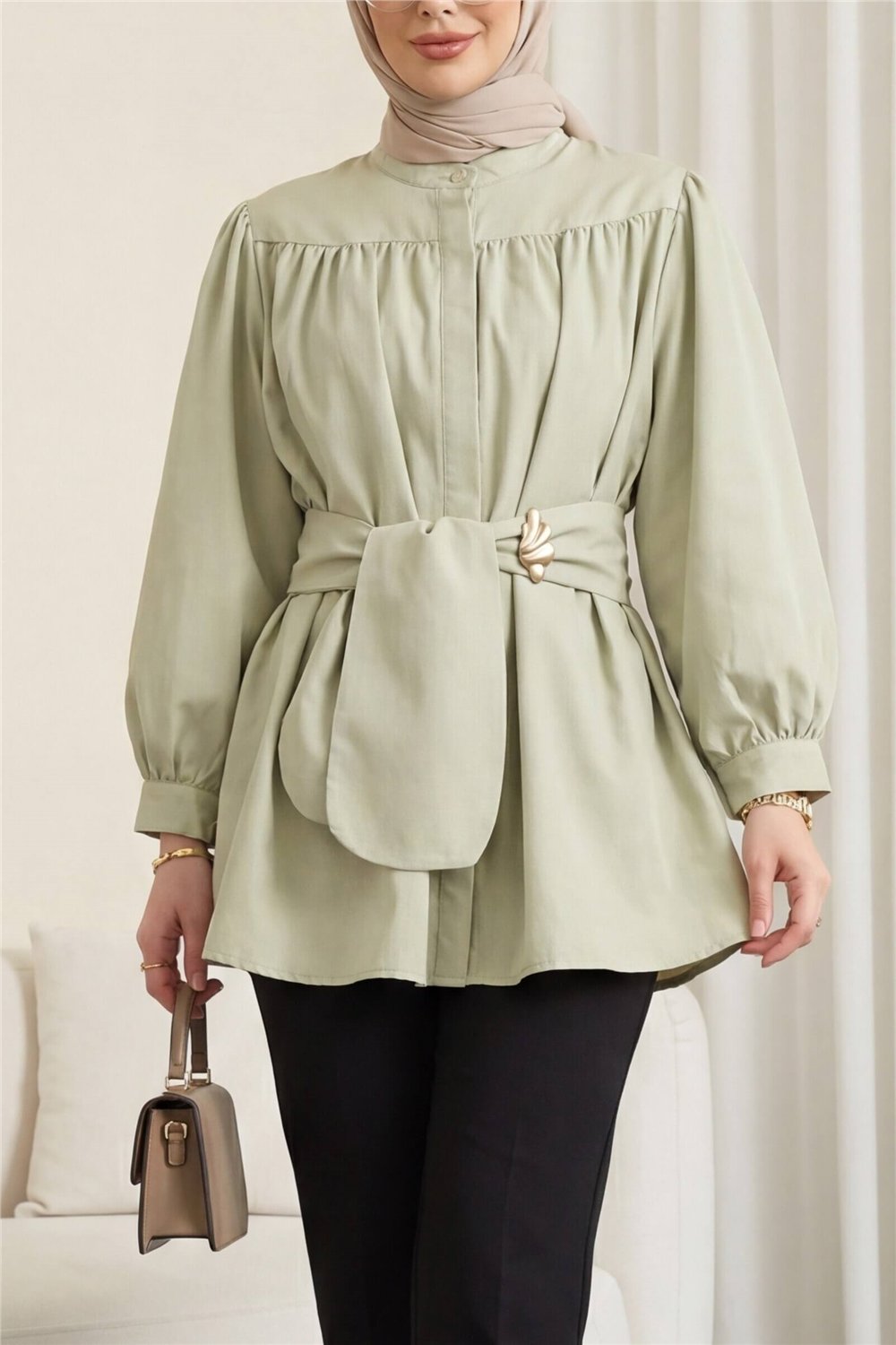 Gizli Düğmeli Kuşaklı Poplin Tunik -Çağla Y.-Tunik-223-3098-R70