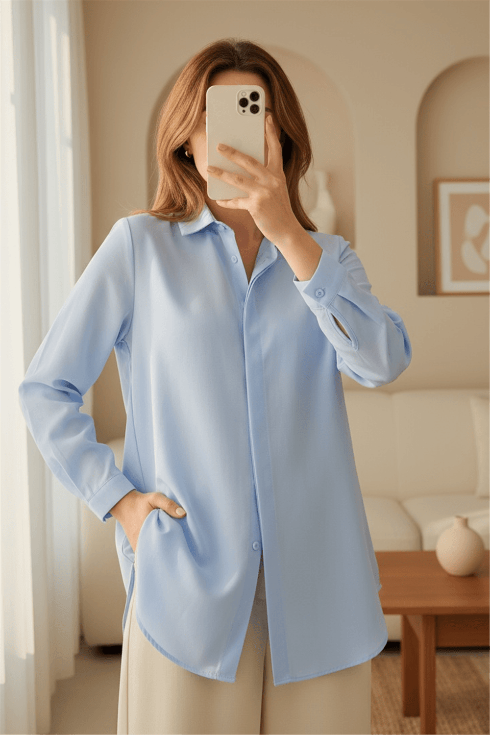 Gizli Düğmeli Oval Kesim Uzun Gömlek -Bebe Mavi-Gömlek-349-5071-R32