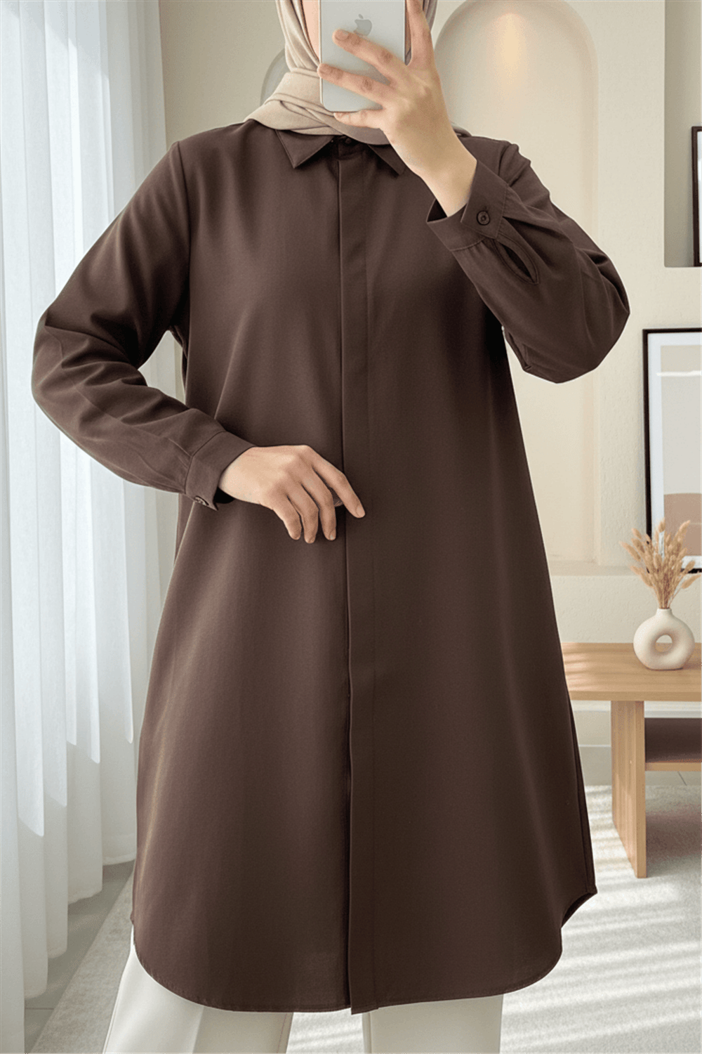 Gizli Düğmeli Oval Kesim Uzun Gömlek -Kahve-Gömlek-349-5071-R15