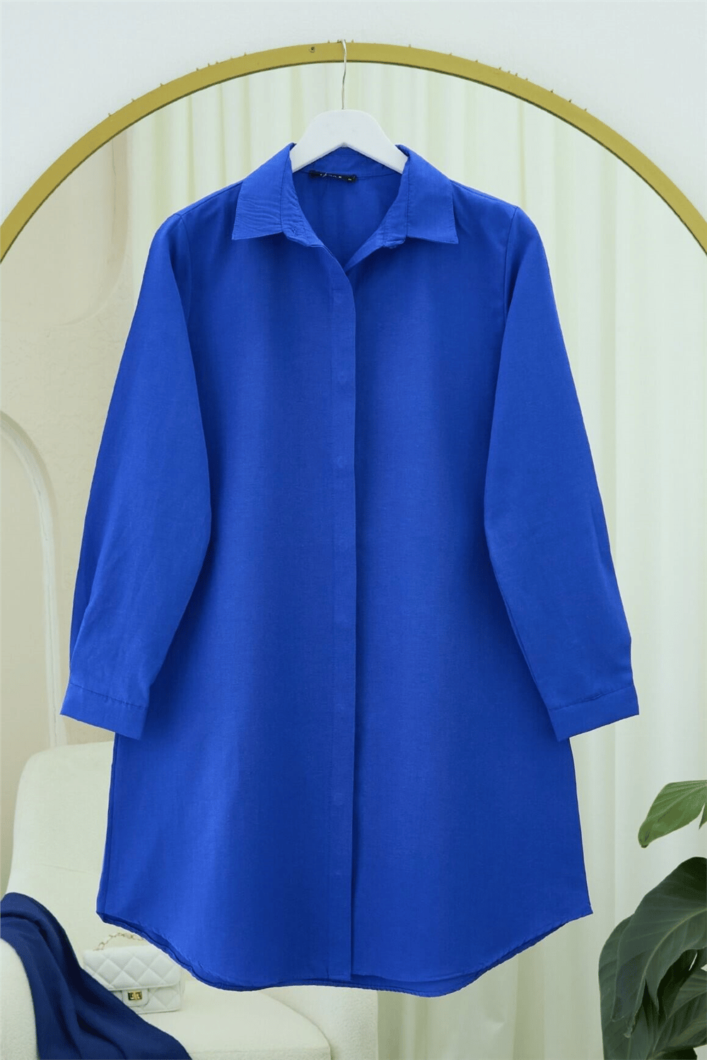 Gizli Düğmeli Oval Kesim Uzun Gömlek -Saks-Gömlek-349-5071-R10