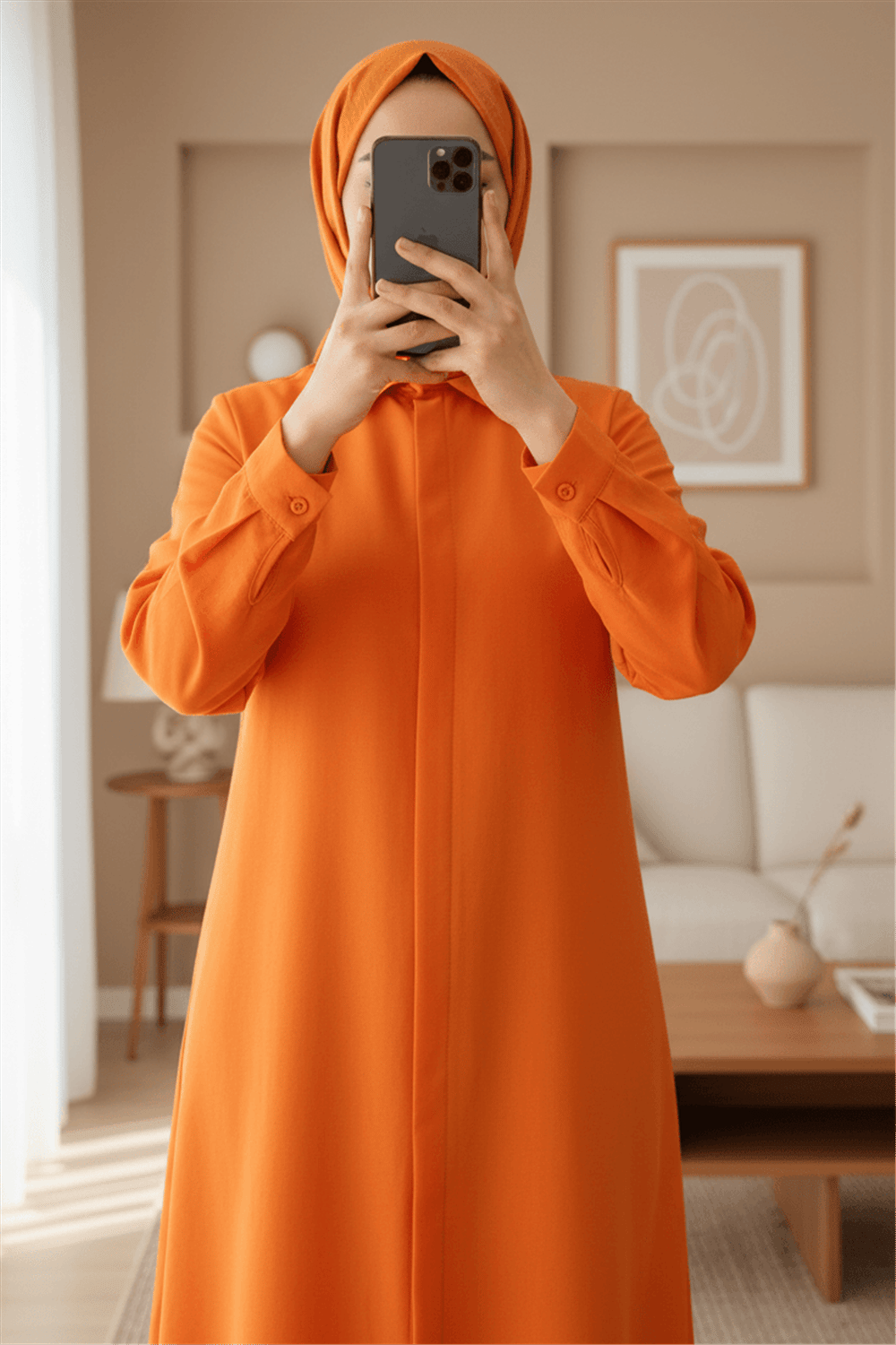 Gizli Düğmeli Oval Kesim Uzun Gömlek -Turuncu-Gömlek-349-5071-R16