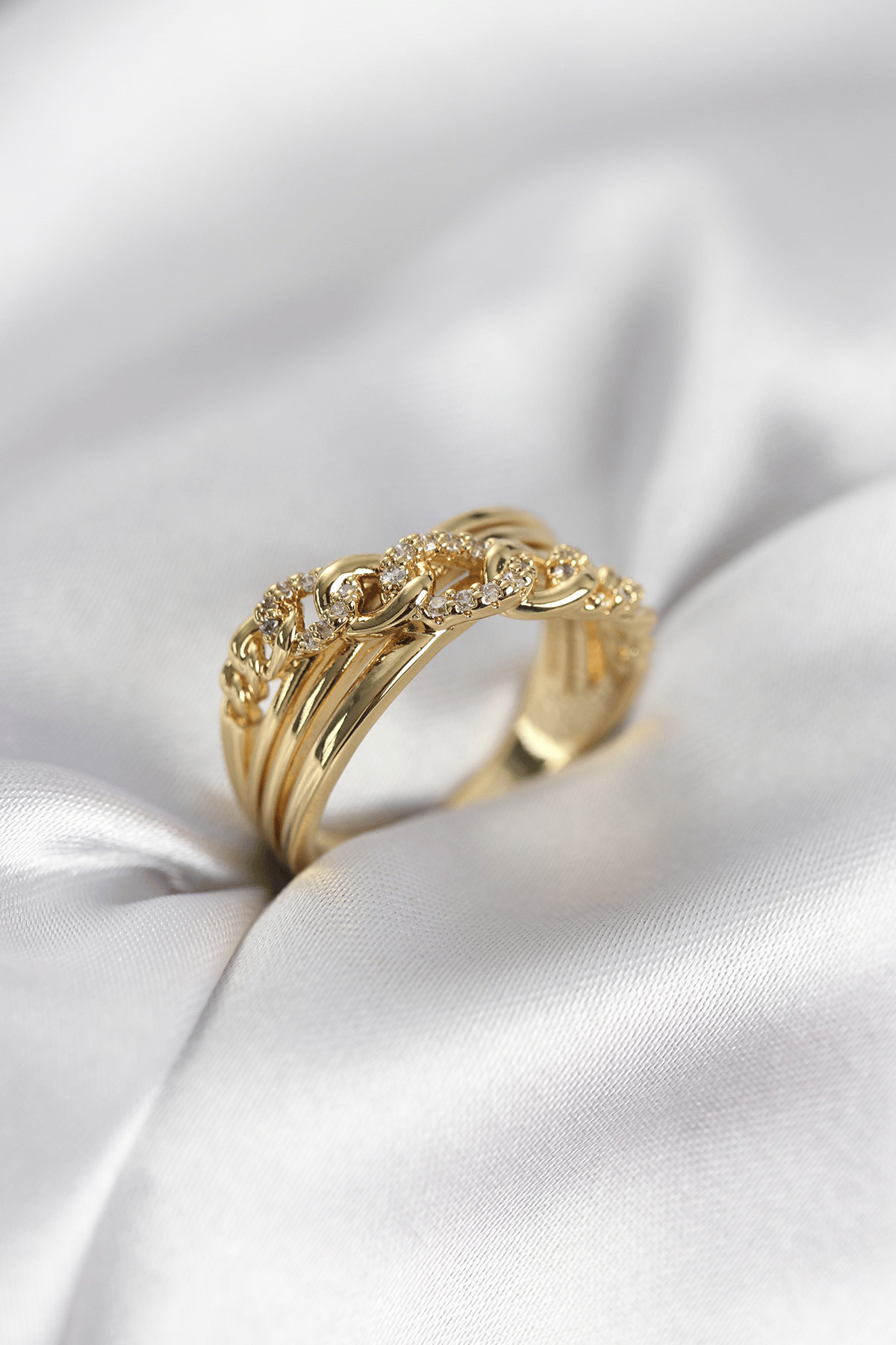 Gold Renk Zirkon Taşlı Zincir Model Kadın Yüzük