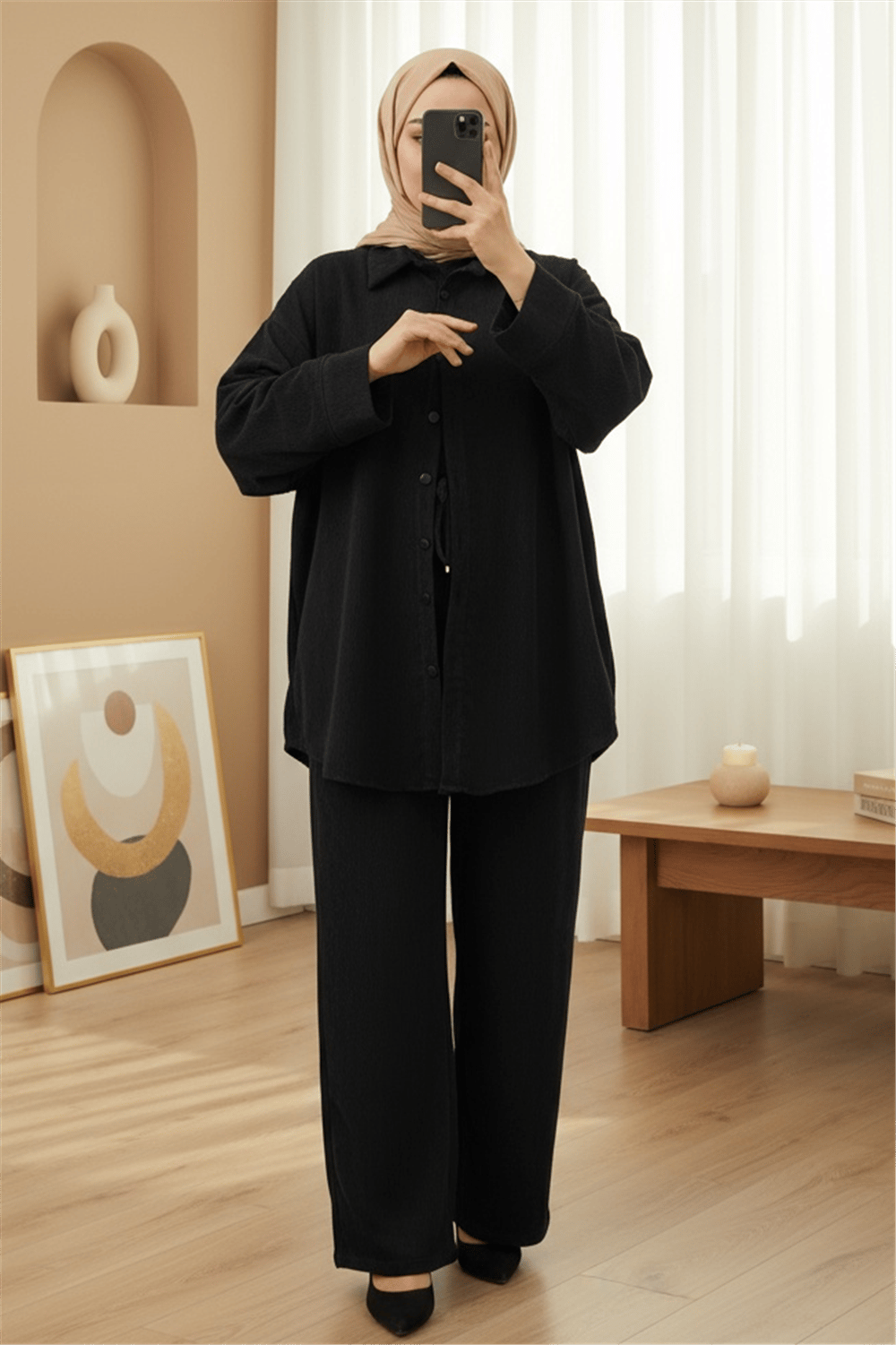 Gömlek Pantolon İkili Kadife Takım -Siyah-Takım-398-55005-R01