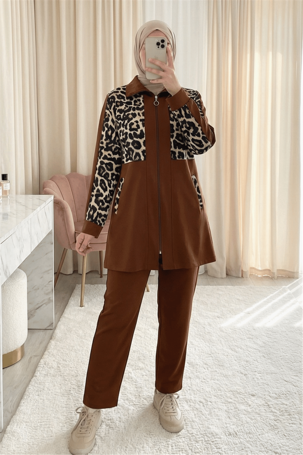 Gömlek Yaka Boydan Fermuarlı Pantolonlu Takım   -Taba-Takım-349-6075-R12