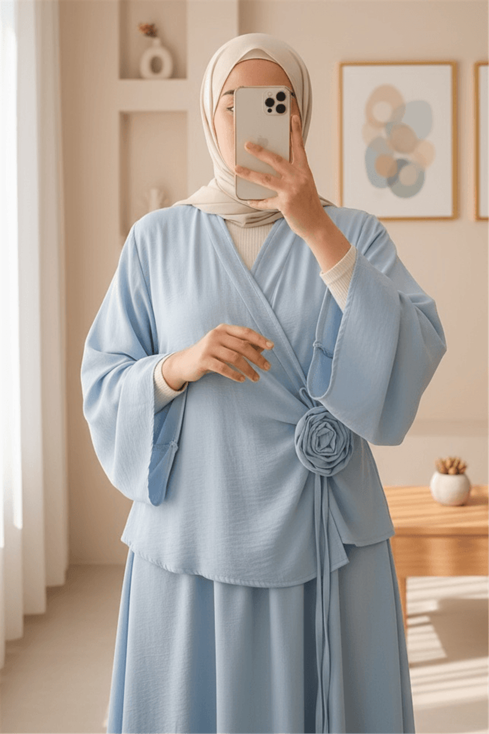 Gül Broşlu Yandan Bağlamalı Ceket Etek Keten Takım -Bebe Mavi-Takım-420-8034-R32
