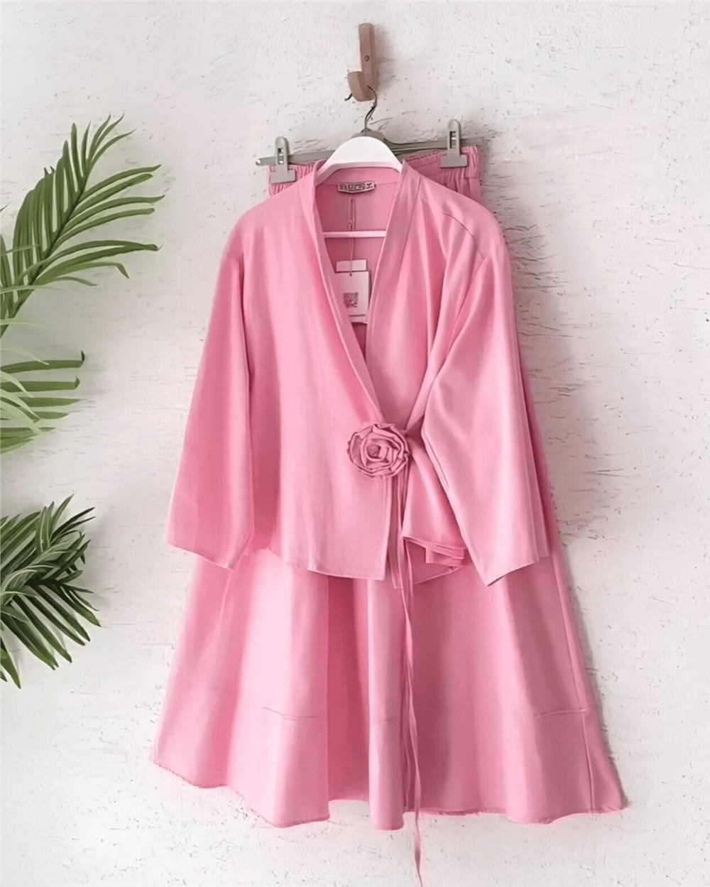 Gül Broşlu Yandan Bağlamalı Ceket Etek Keten Takım -Pembe-Takım-420-8034-R20
