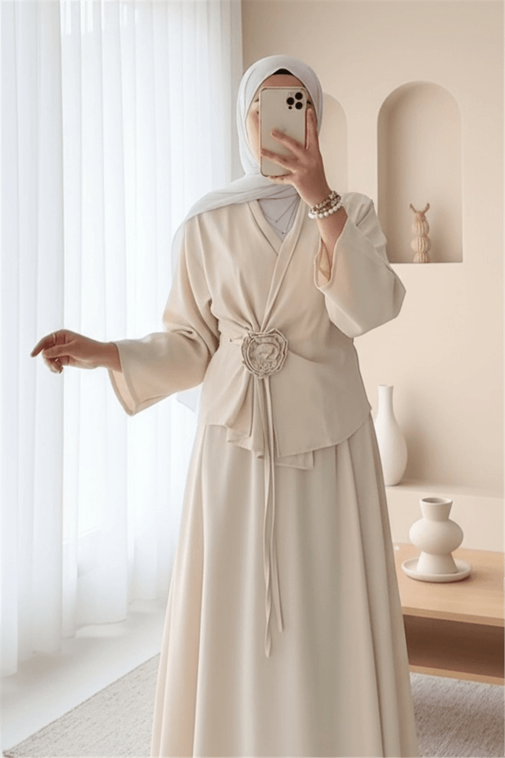 Gül Broşlu Yandan Bağlamalı Ceket Etek Keten Takım -Bej-Takım-420-8034-R56