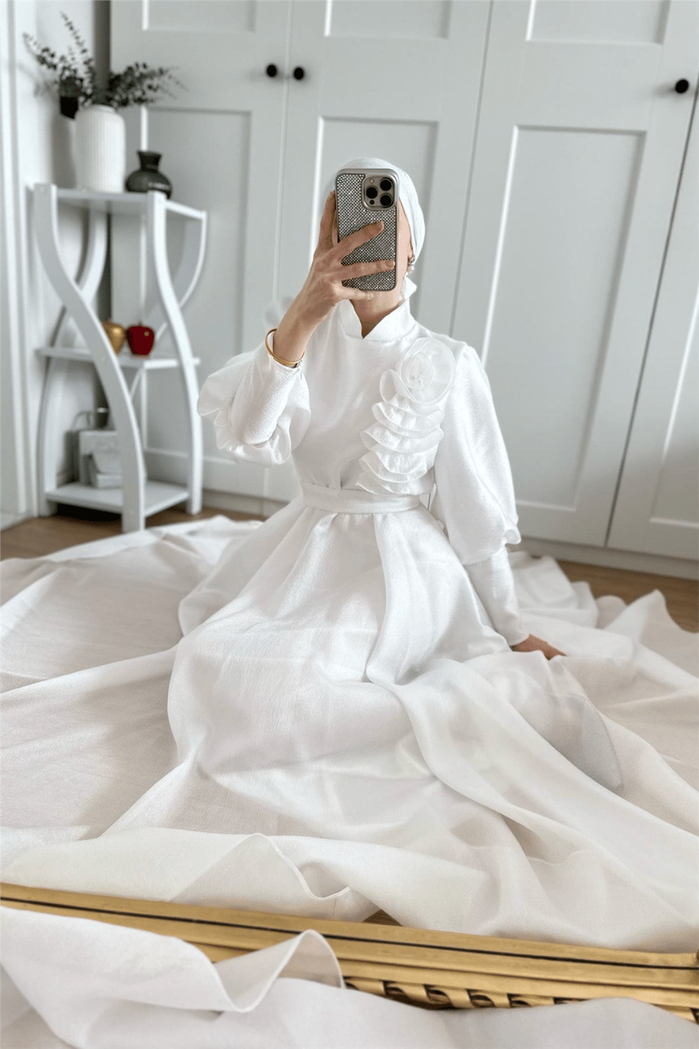 Gül Detaylı Balon Kol Astarlı Abiye -Beyaz-Abiye-316-4725-R02