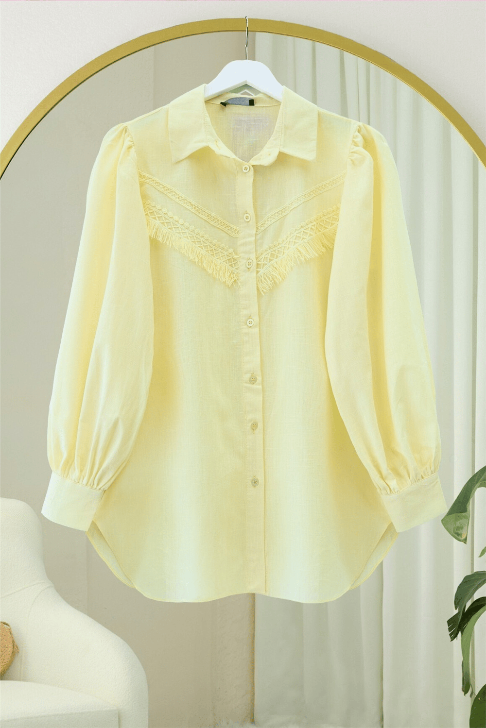 Güpür Püsküllü Ham Keten Balon Kol Gömlek     -Açık Sarı-Gömlek-307-2109-R75