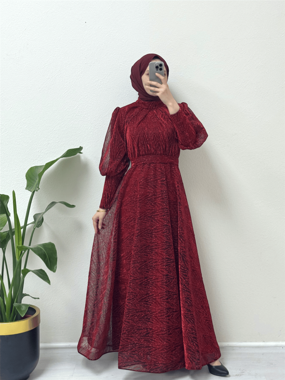 Hakim Yaka Balon Kol Simli Abiye  -Bordo-316-4413-R04