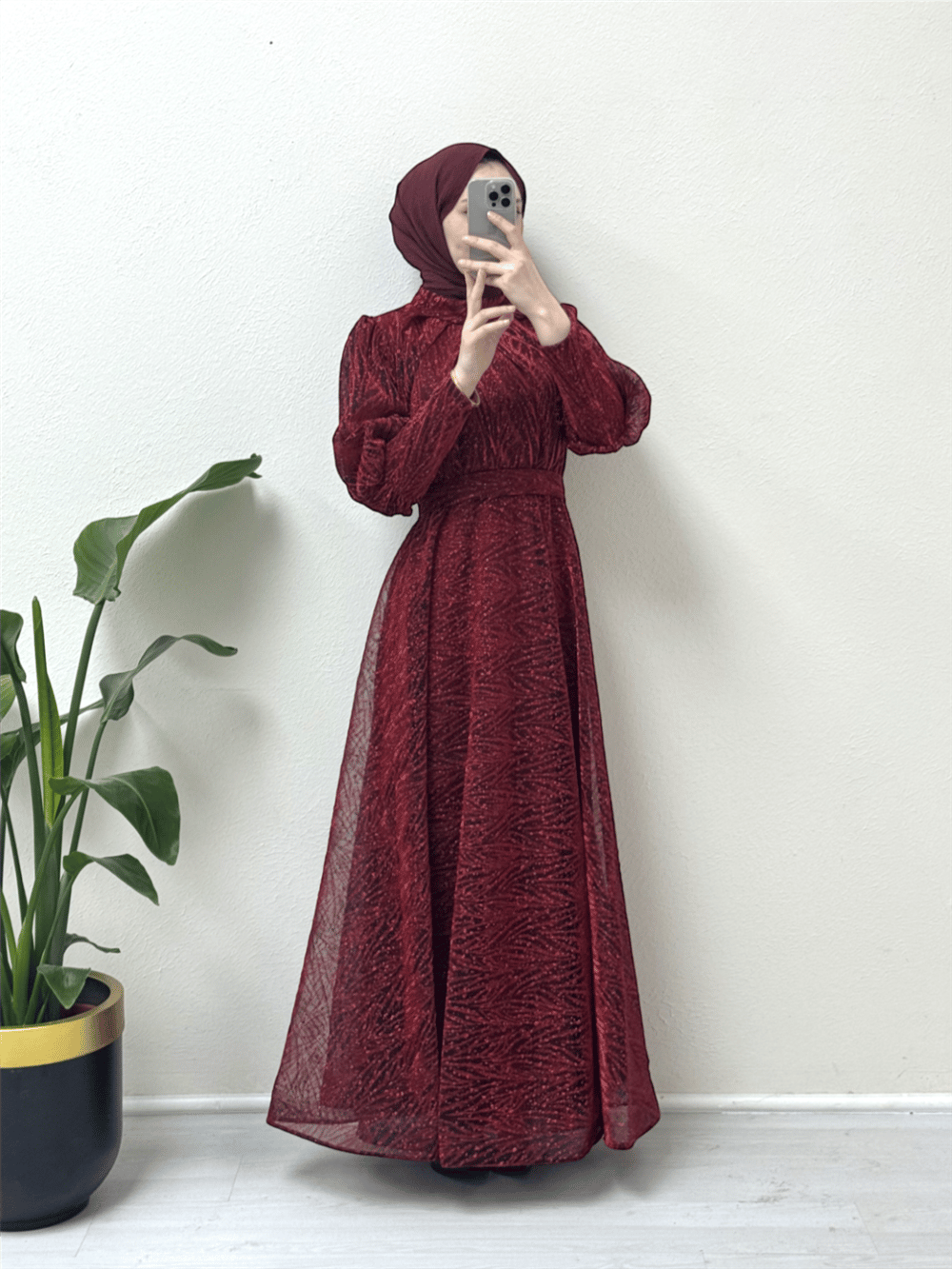 Hakim Yaka Balon Kol Simli Abiye  -Bordo-316-4413-R04