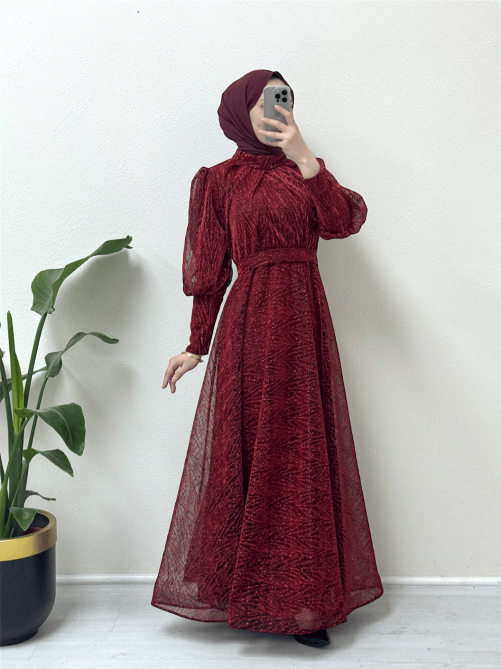 Hakim Yaka Balon Kol Simli Abiye  -Bordo-316-4413-R04