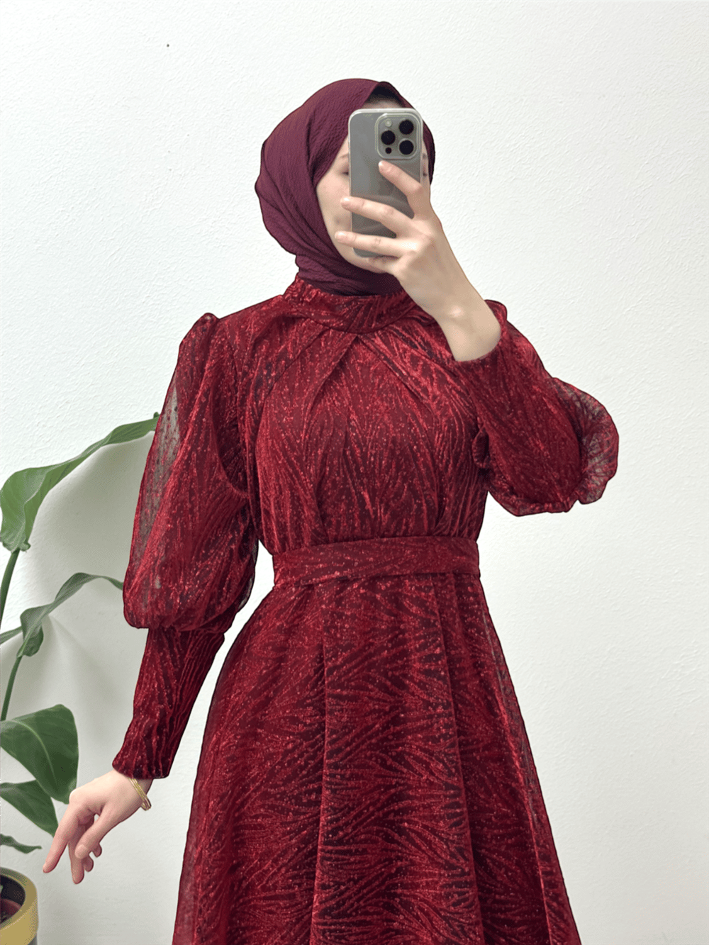 Hakim Yaka Balon Kol Simli Abiye  -Bordo-316-4413-R04