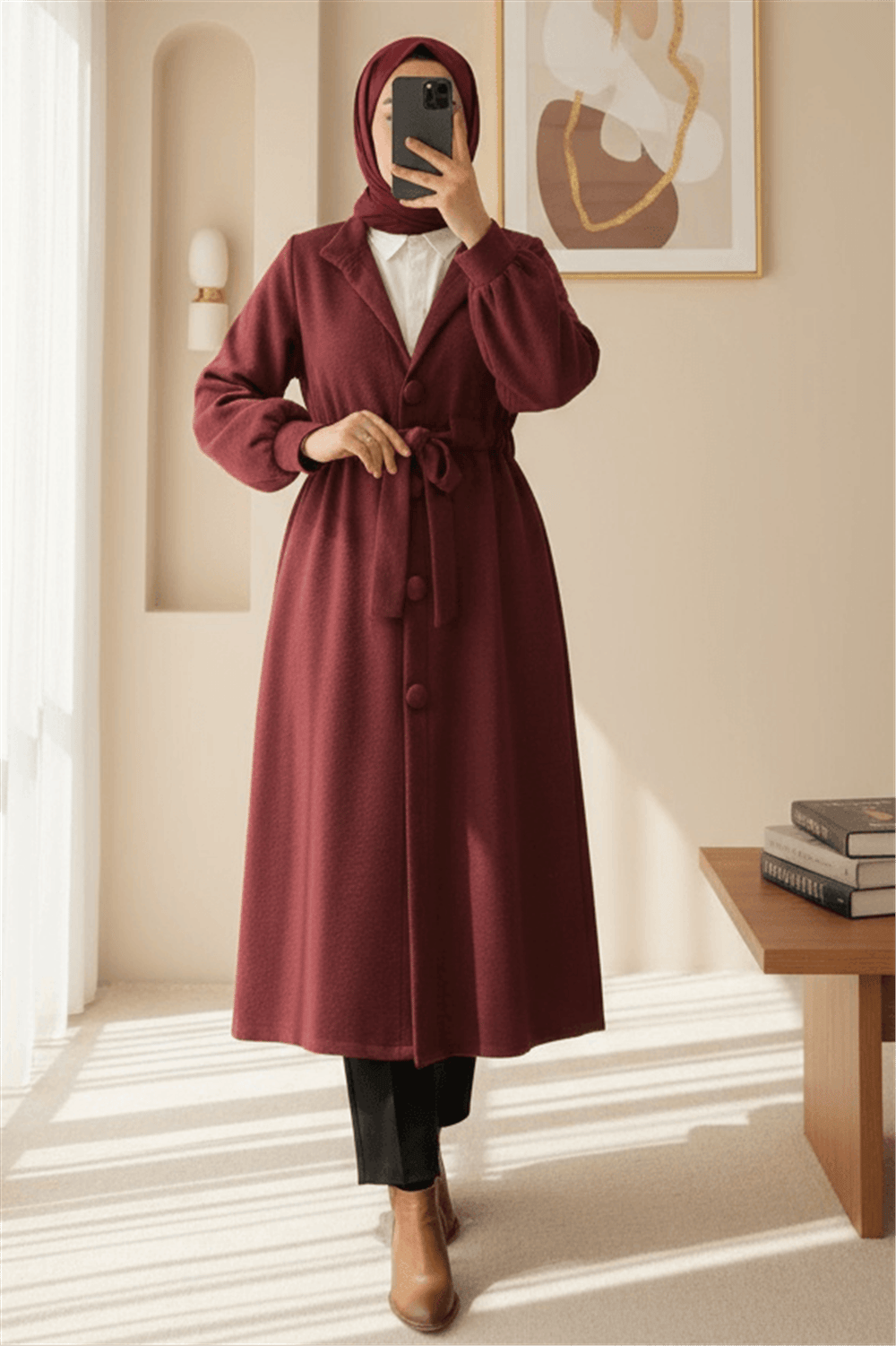 Hakim Yaka Tünel Bağcıklı Kaşe Kaban   -Bordo-Kaban-347-8003-R04