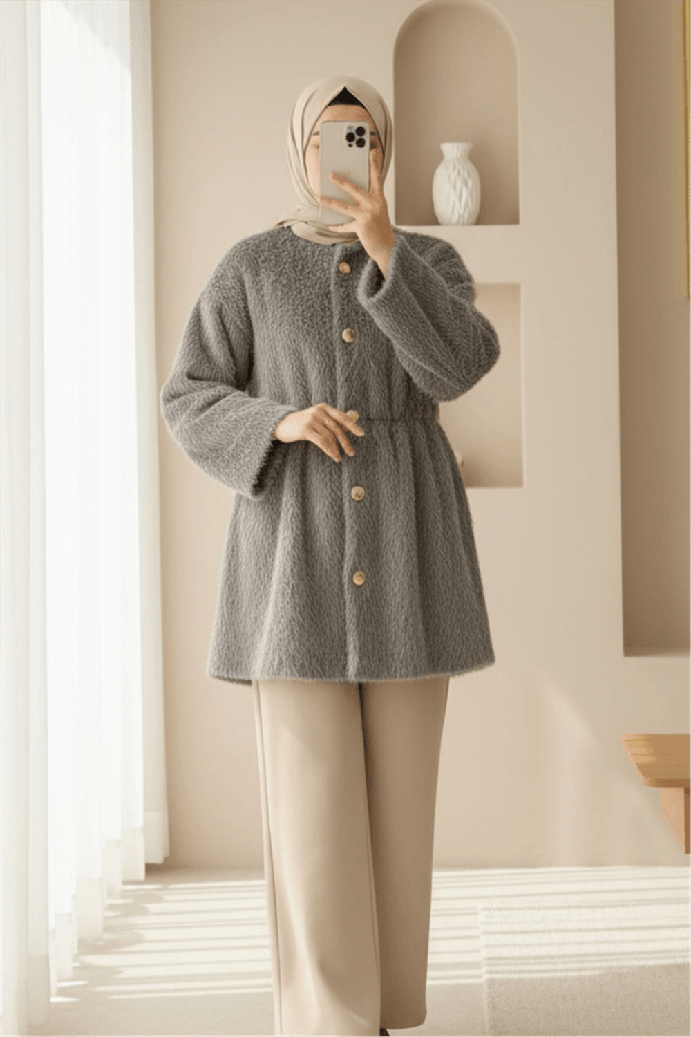 İçi Astarlı Beli Büzgülü Kürklü Ceket -Toprak-Ceket-398-99009-R55