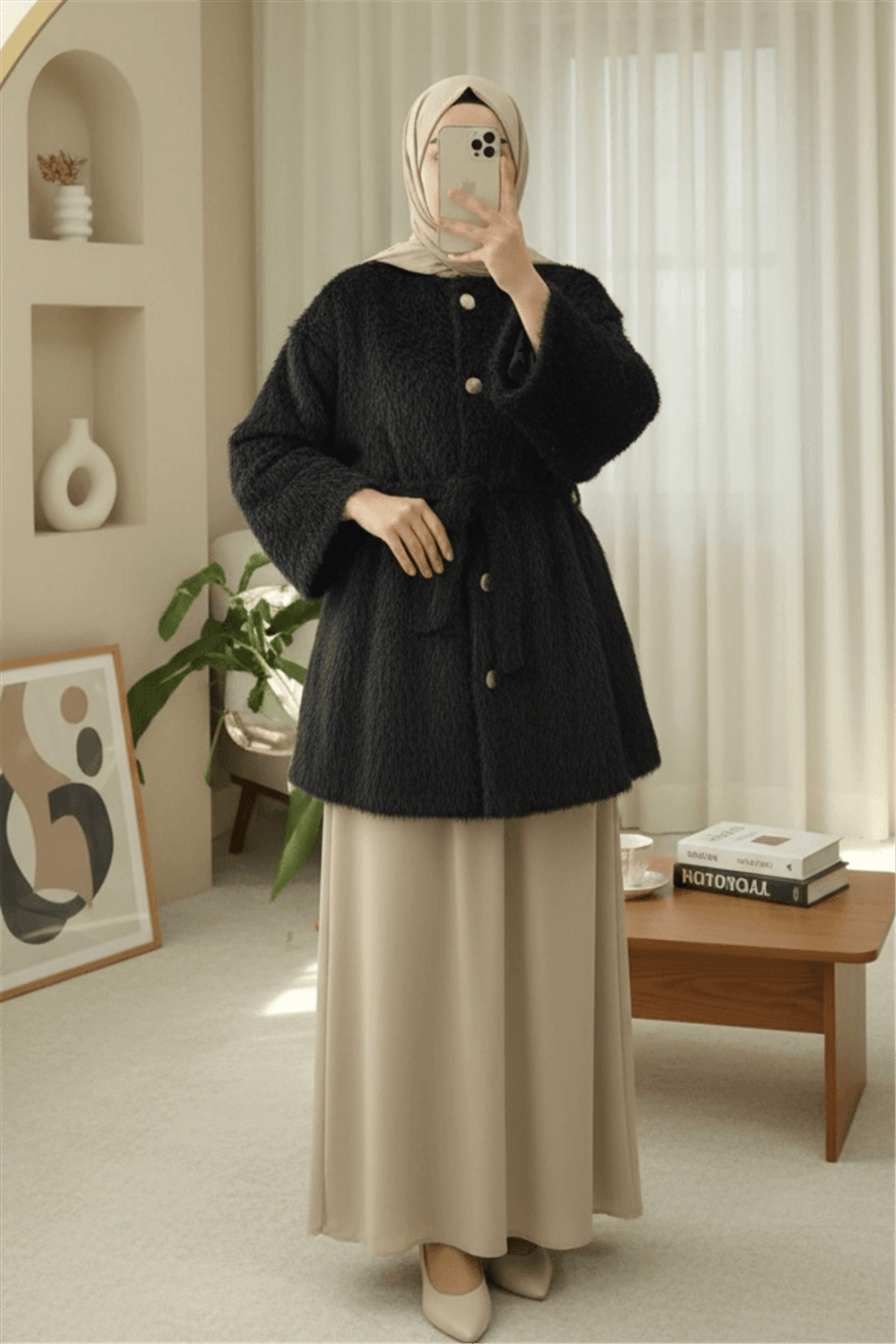 İçi Astarlı Beli Büzgülü Kürklü Ceket -Siyah-Ceket-398-99009-R01